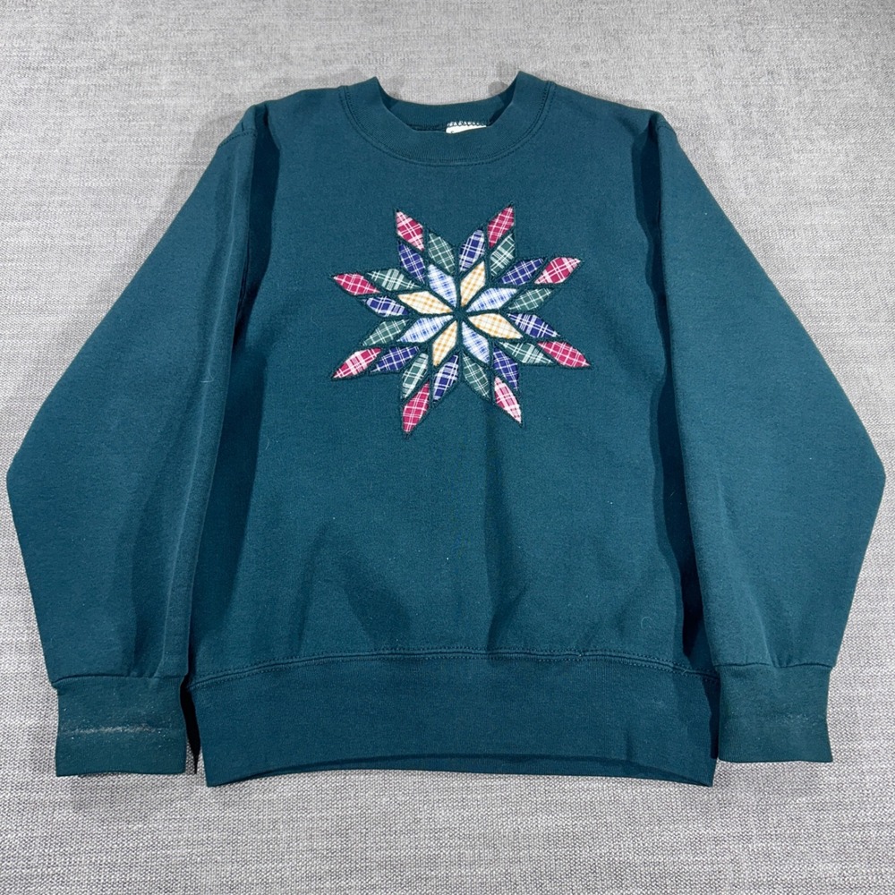 Pro Spirit Sweatshirt Womens S Green Good Vintage‎ Plaid Patchwork Star Crewneck